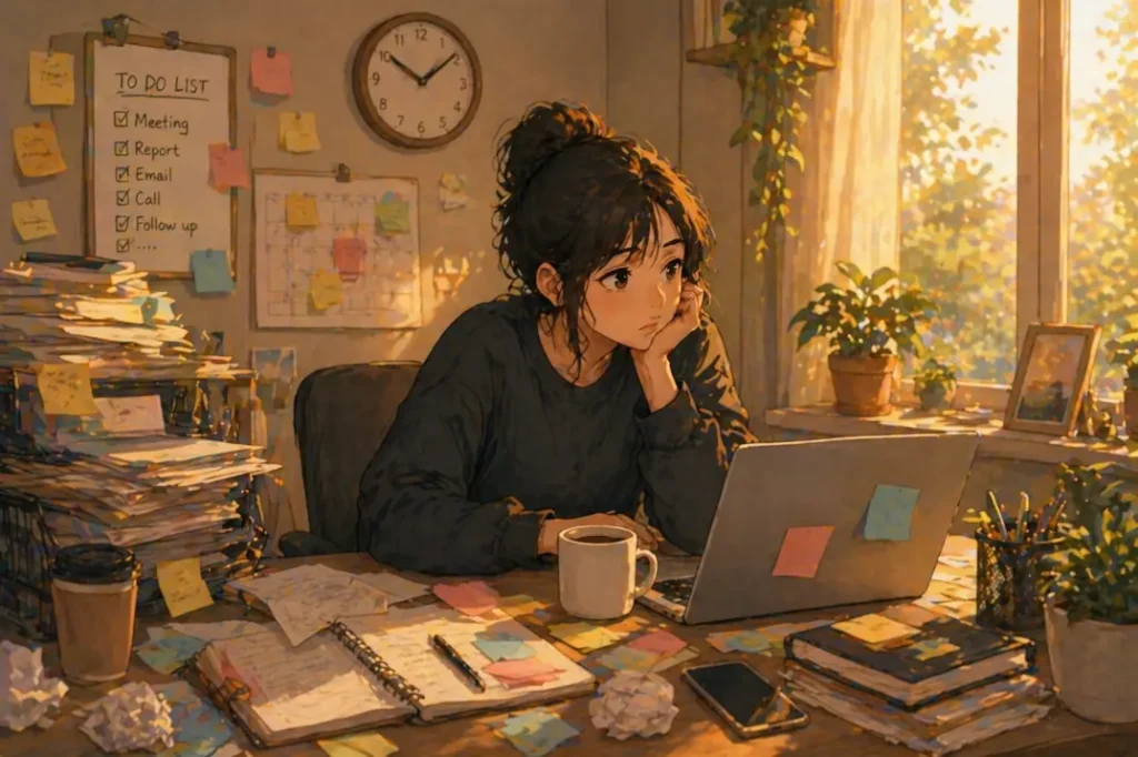 A young woman sitting at a cluttered desk full of notes and tasks, looking overwhelmed and unproductive despite being busy
