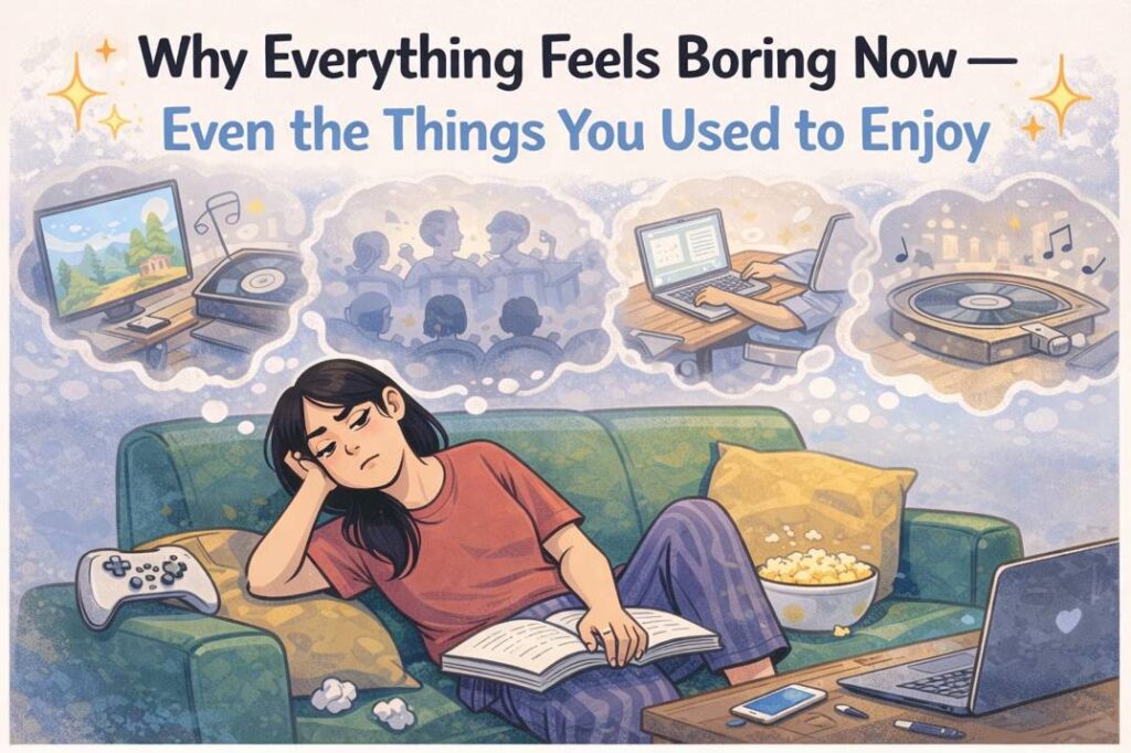 Young woman feeling bored and disconnected despite having hobbies around her, illustrating why everything feels boring now