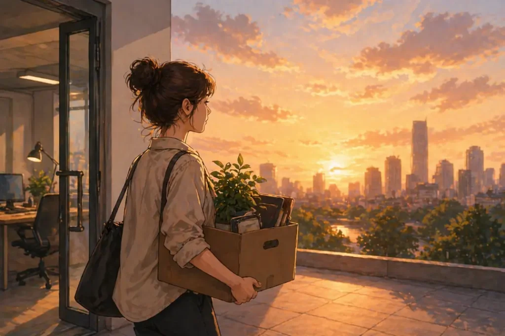 A young woman leaving her office at sunset holding a box of personal items, symbolizing quitting a job without a backup plan and embracing uncertainty