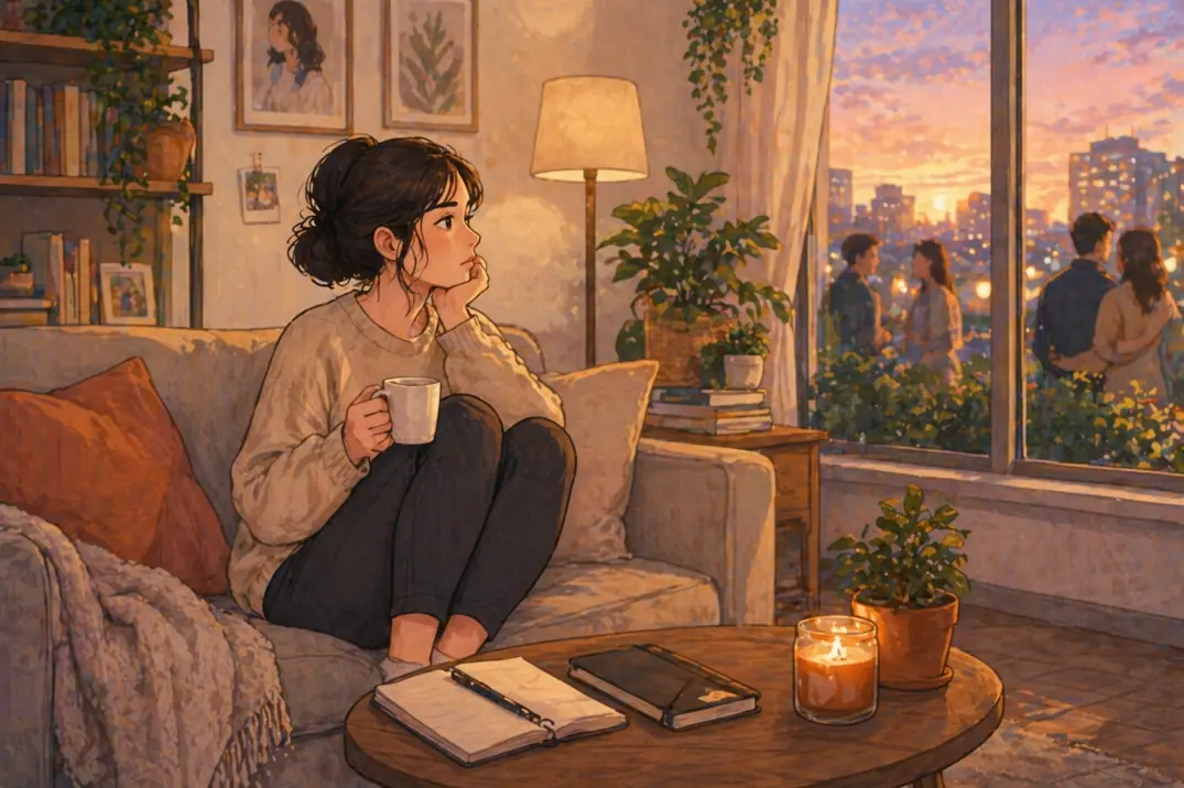 A woman sitting alone in a cozy apartment looking out the window at couples outside, reflecting the choice to stay single despite wanting a relationship