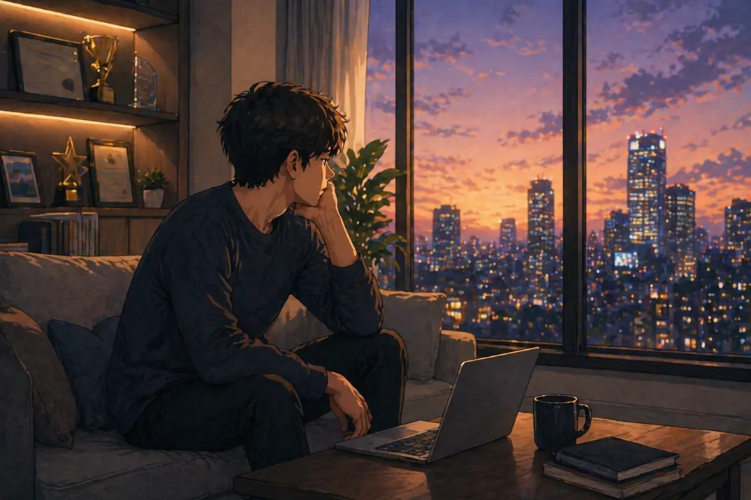 A young man sitting alone in a modern apartment looking at the city after achieving success, surrounded by trophies but feeling unfulfilled