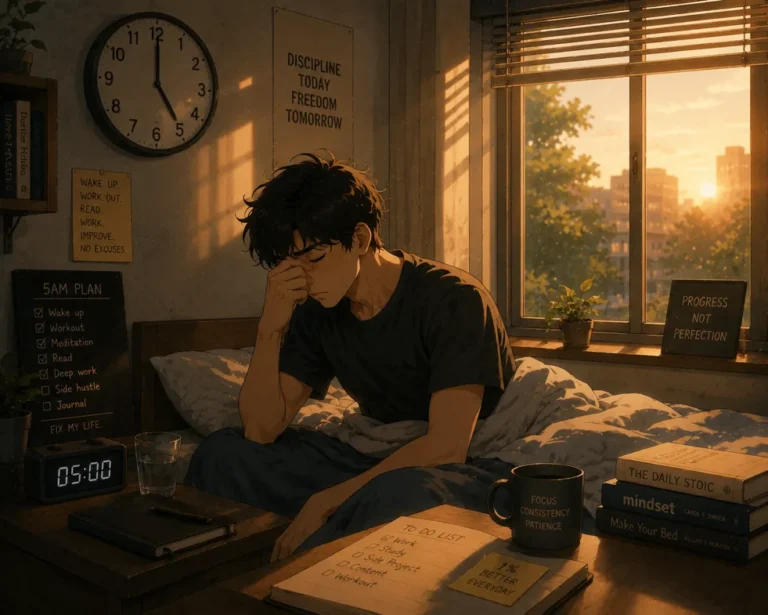 Young man awake at 5 AM looking exhausted despite following a disciplined morning routine
