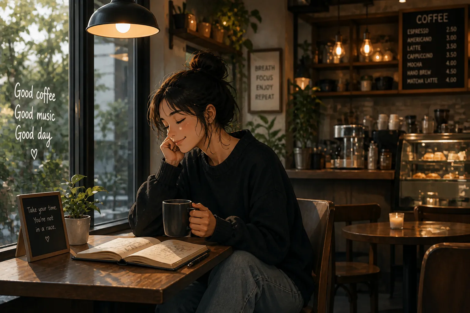 Woman happily spending time alone in a café, representing the growing comfort of solitude
