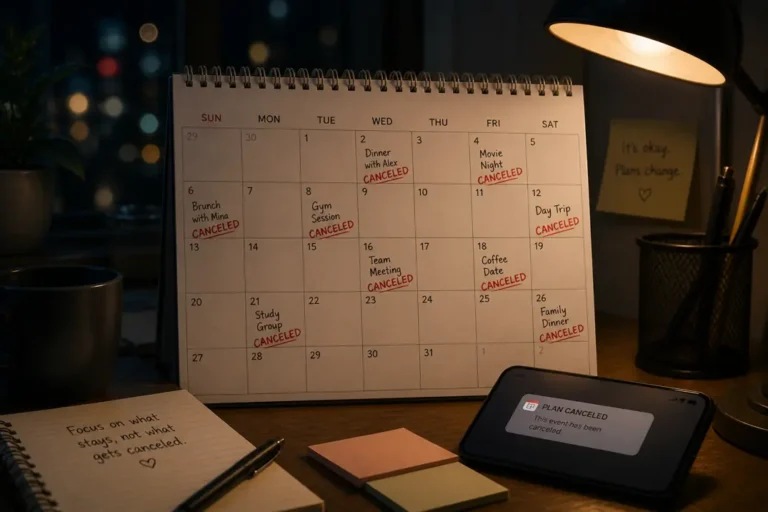 Calendar full of canceled events with reminders and notes, symbolizing the growing trend of last-minute cancellations