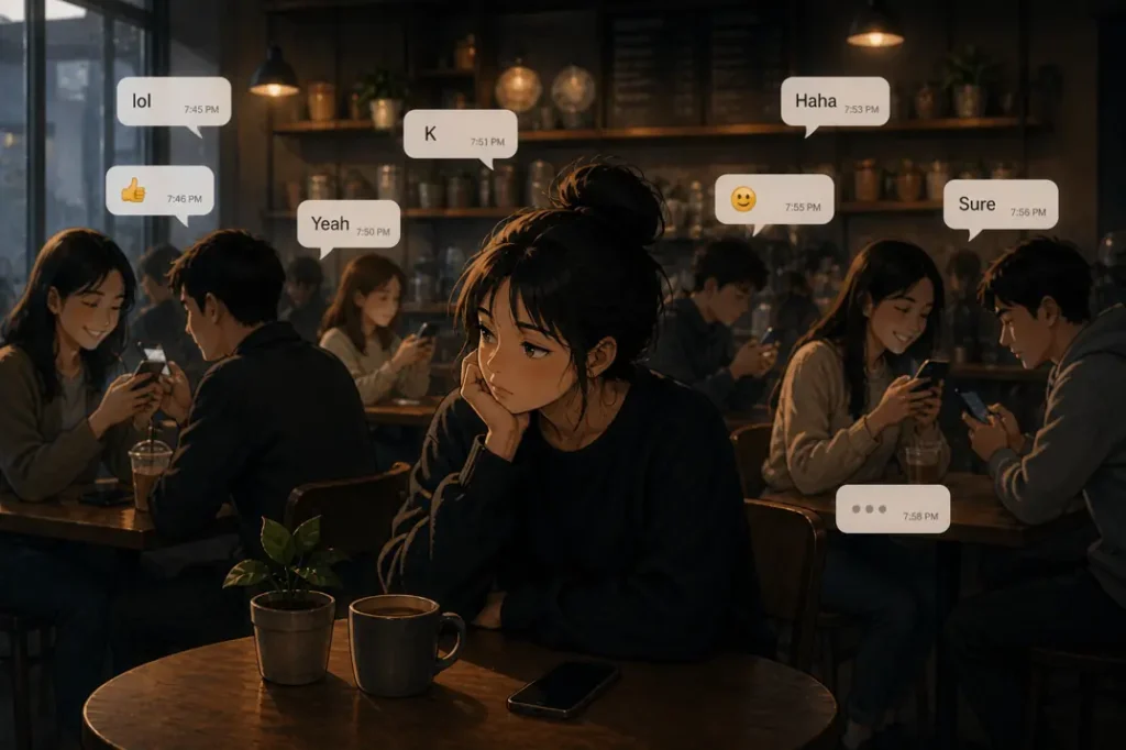 People surrounded by phones exchanging brief messages while feeling disconnected, symbolizing shorter conversations in modern lif