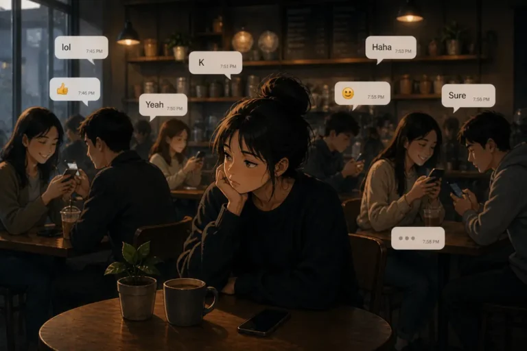 People surrounded by phones exchanging brief messages while feeling disconnected, symbolizing shorter conversations in modern lif