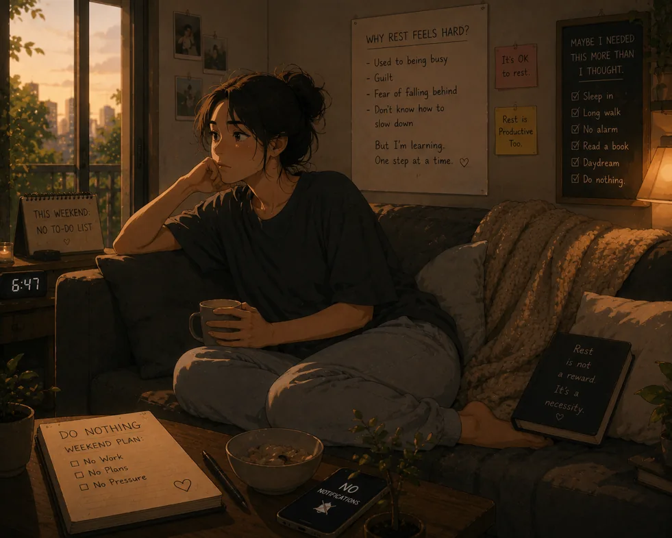 Woman spending a quiet weekend doing nothing while feeling emotionally restless, symbolizing discomfort with modern rest