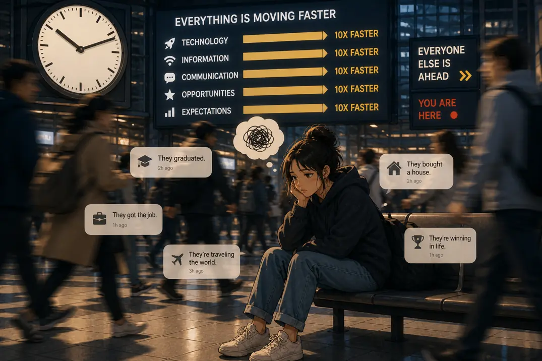Person sitting still while the world moves quickly around them, symbolizing feeling left behind in a fast-paced world