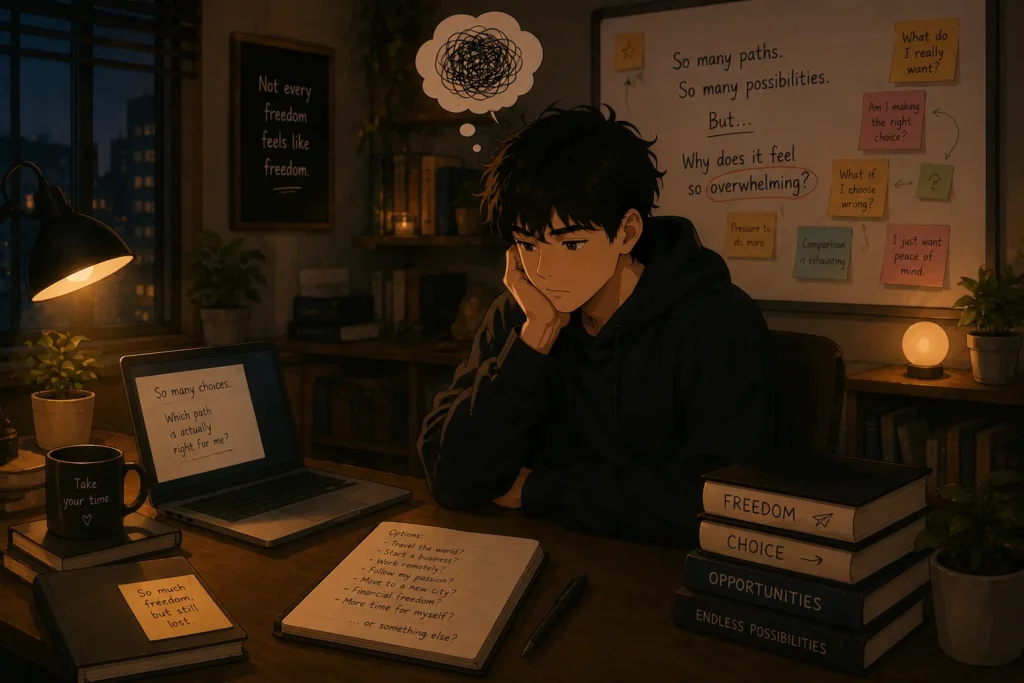 Man overwhelmed by endless options and decisions in a cozy room, representing modern freedom anxiety