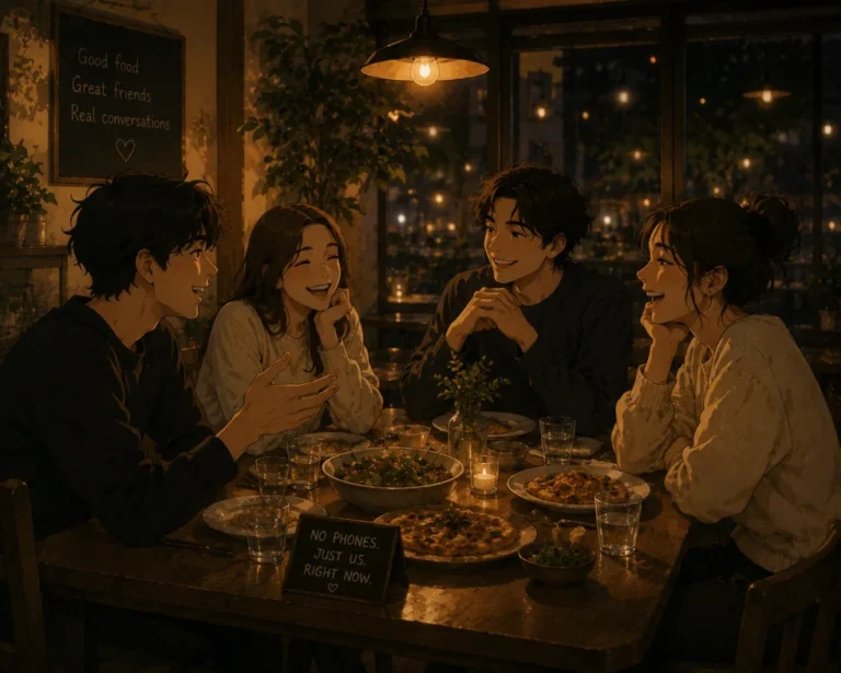 A group of friends enjoying dinner together in a cozy restaurant without using their phones, sharing meaningful conversation and laughter