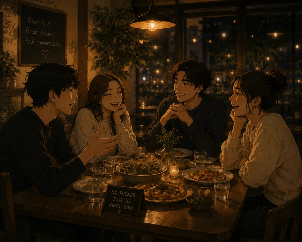 A group of friends enjoying dinner together in a cozy restaurant without using their phones, sharing meaningful conversation and laughter