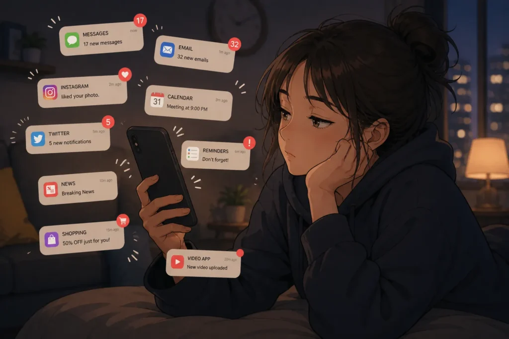A young woman looking at her phone surrounded by multiple notifications, appearing disengaged and overwhelmed by constant alerts