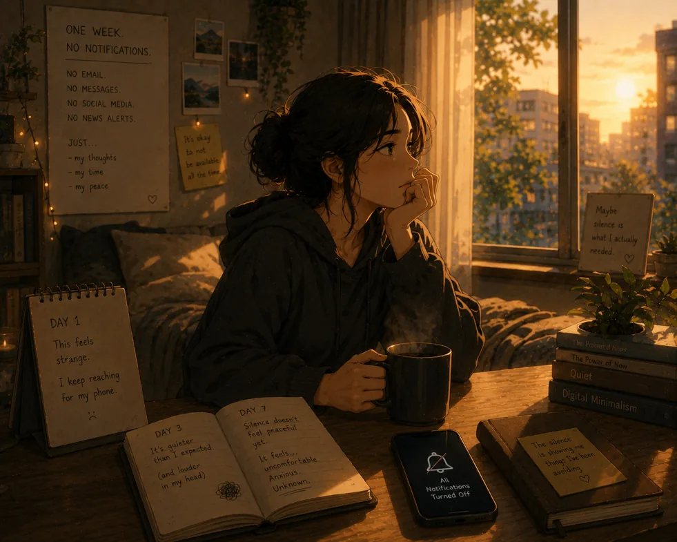 Woman spending time without phone notifications in a cozy room, symbolizing anxiety and discomfort with digital silence