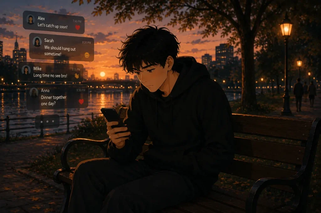 Man reading social messages alone outdoors at sunset, symbolizing online connection but emotional distance