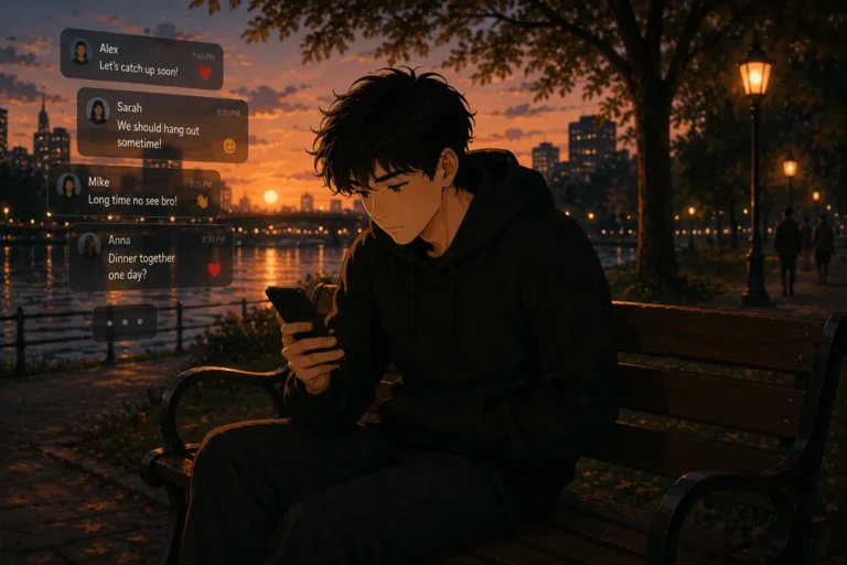 Man reading social messages alone outdoors at sunset, symbolizing online connection but emotional distance