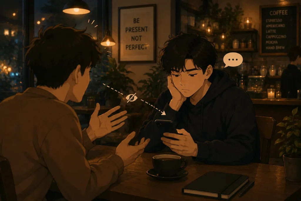 Two young men sitting in a cozy café conversation while one looks distracted by his phone, representing declining attention during conversations