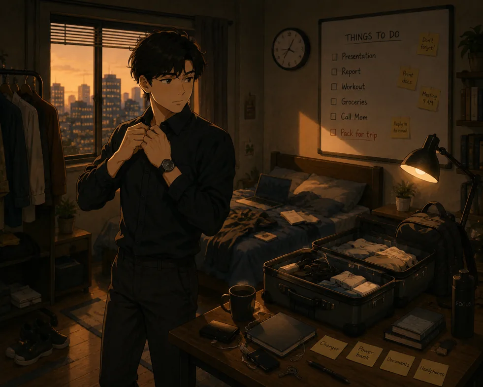 Man fully dressed while many belongings and tasks remain unfinished around him, symbolizing feeling unprepared despite being ready