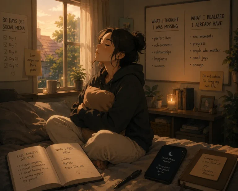 Woman relaxing without social media in a warm room, symbolizing freedom from online comparison and anxiety