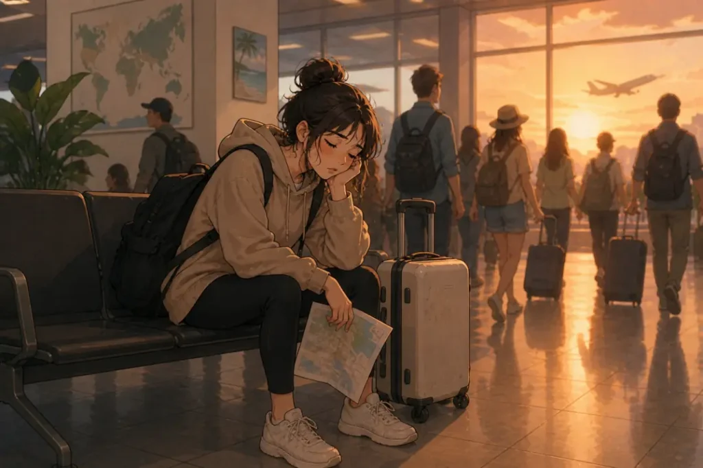 A tired young woman sitting in an airport with luggage after traveling, looking exhausted despite being surrounded by other travelers