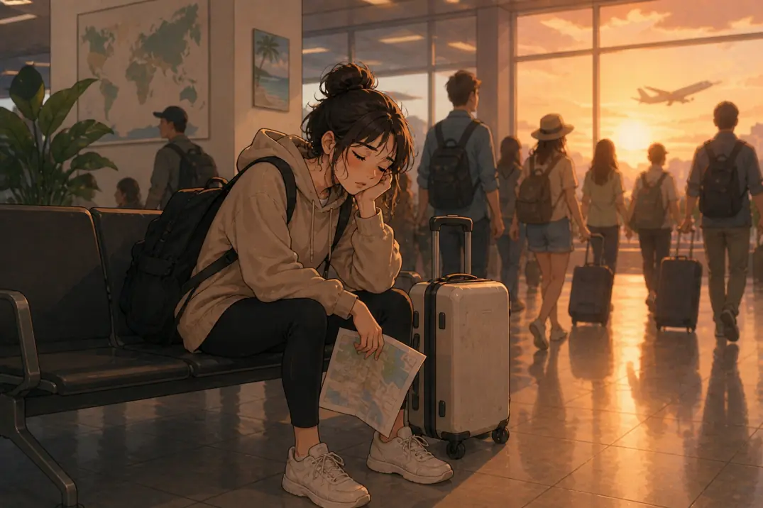 A tired young woman sitting in an airport with luggage after traveling, looking exhausted despite being surrounded by other travelers