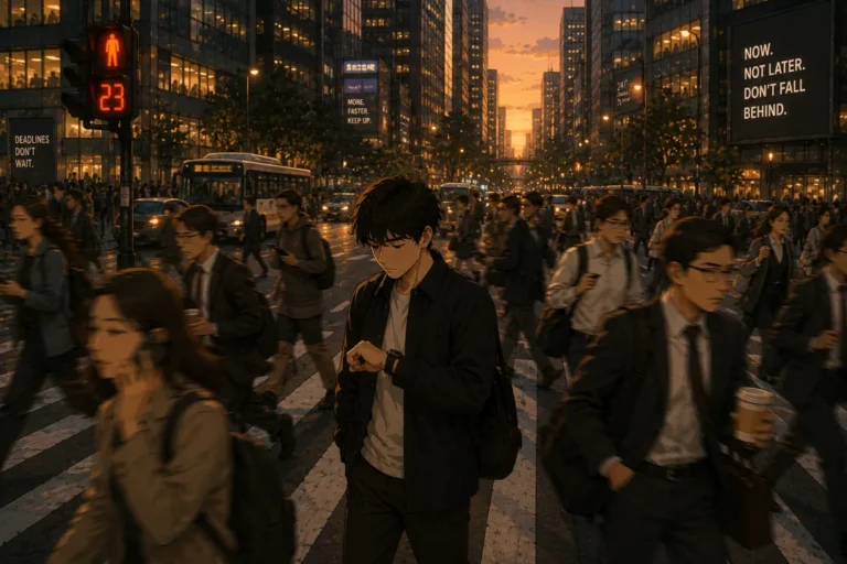 Person overwhelmed in a fast-moving city crowd, symbolizing the pressure and nonstop urgency of modern life