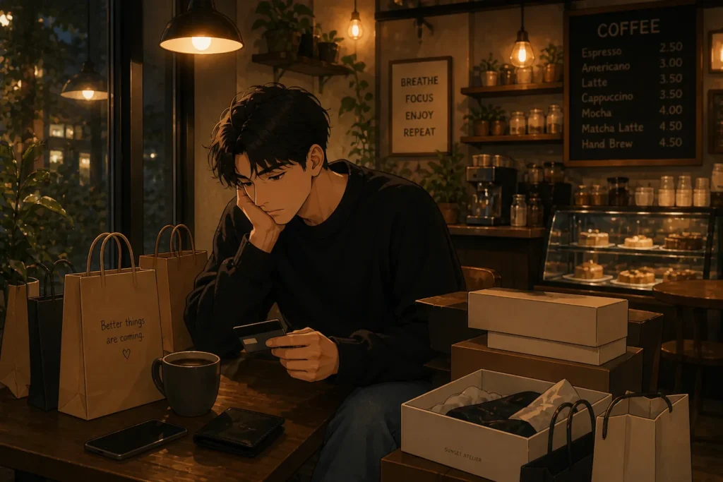 Man in a warm café setting surrounded by purchases but feeling unsatisfied, representing modern consumer emptiness