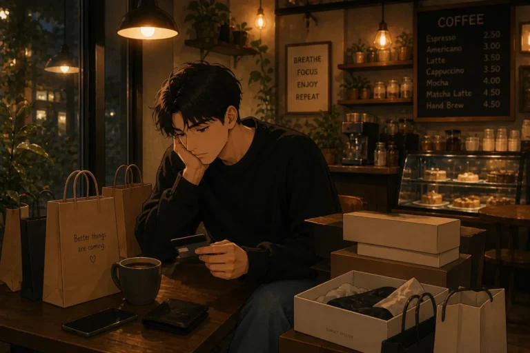 Man in a warm café setting surrounded by purchases but feeling unsatisfied, representing modern consumer emptiness