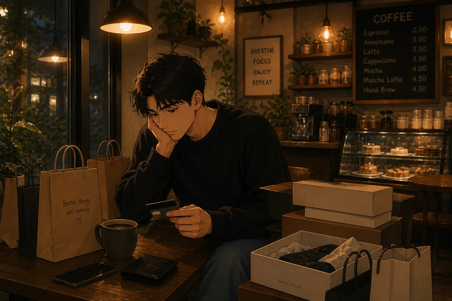 Man in a warm café setting surrounded by purchases but feeling unsatisfied, representing modern consumer emptiness