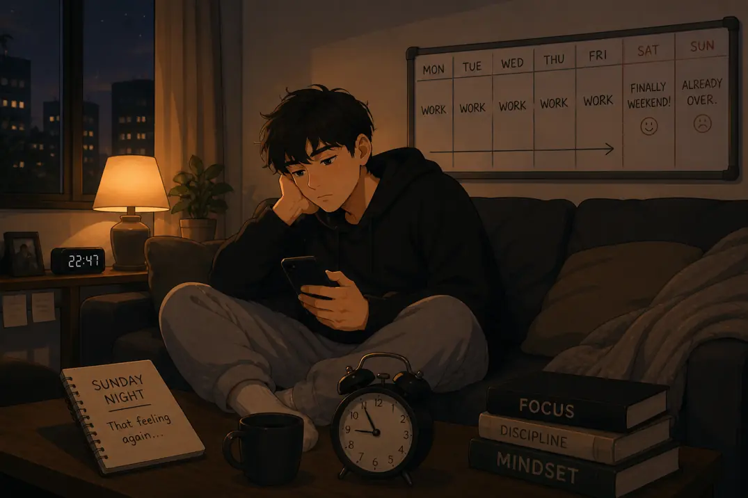 Person feeling drained on a Sunday night, reflecting how weekends no longer feel restful